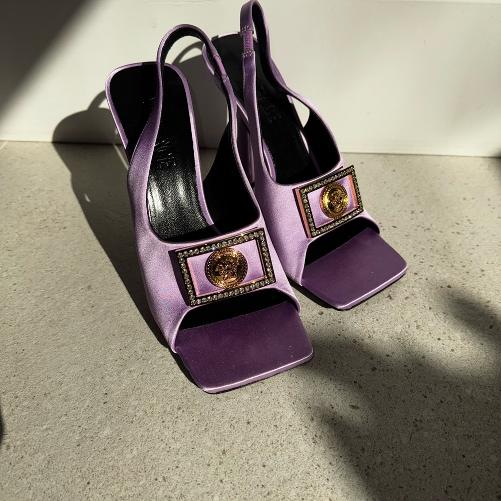 Versace Lilac Satin Slingback Heels with Gold Medallion